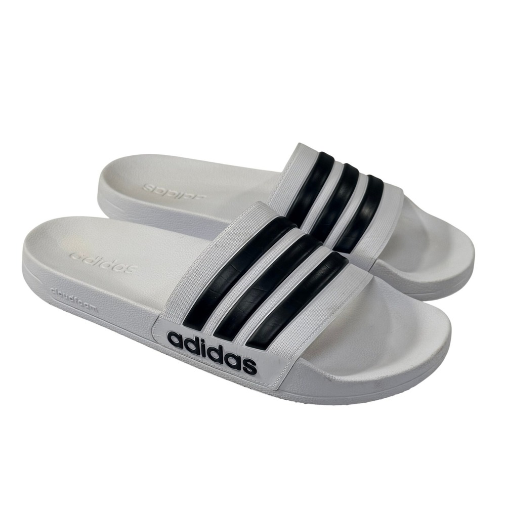 Adidas Adilette Shower Slides Mens 13 White Black Cloudfoam Sporty Casual Sandal